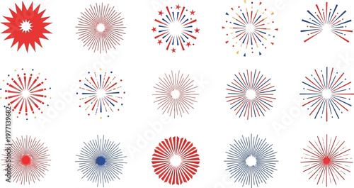Multiple abstract radial burst graphics in red, white, and blue hues create a festive and energetic pattern for celebrations.
