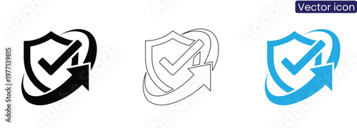Shield with checkmark and arrow on white background vector icon set