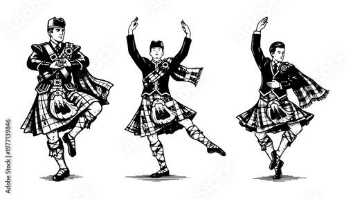 Scottish highland dancers wearing traditional kilts in vintage woodcut engraving style