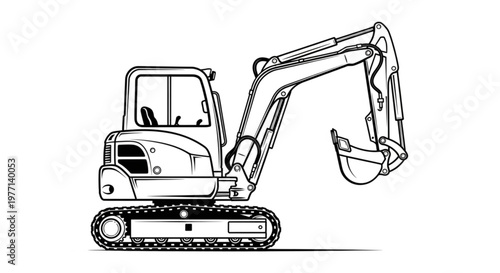 Black and White Vector Illustration of a Mini Excavator
