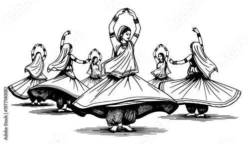 Female gymnast performing a perfect split on a balance beam in minimalist line art style