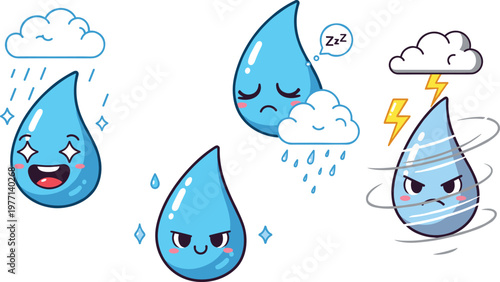 Cute water drop weather cartoon set with rain cloud storm lightning wind and sleepy expressions kawaii characters isolated on white background
