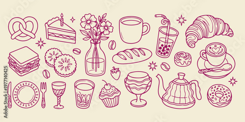 Hand drawn coffee doodles, breakfast food sketches, cafe beverage icons, morning routine illustrations, caffeine lover elements, croissant and coffee art, kitchen table sketches

