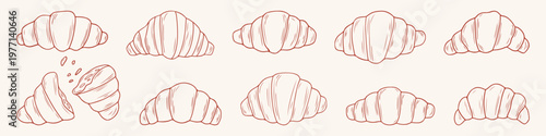 Minimalist vector set of simple various french croissants and pastry icons. Red line hand drawn illustration for sticker, bakery menu, cafe branding, kitchen decor, food design, isolated elements