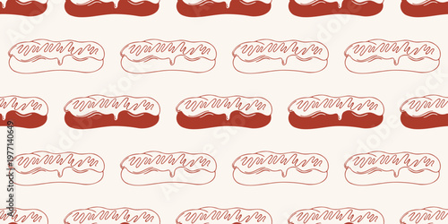 Seamless pattern with french eclairs in red line style. Vector background for bakery, cafe menu and dessert design. Minimalist hand drawn pastry wallpaper for textile and packaging, wrapping paper