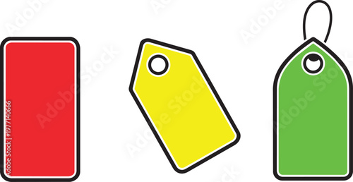 Red, yellow, and green paper shopping bags with handles, flat lay red bag yellow bag green bag paper bag