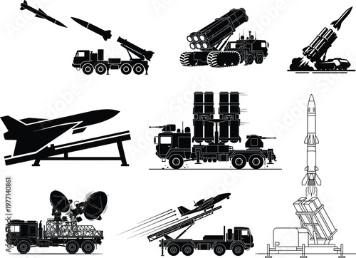 Silhouettes of military missile launchers, rockets, and spacecraft on white background