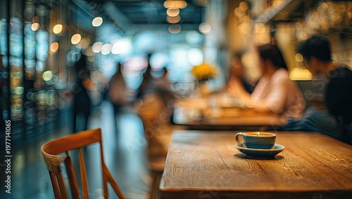 Blurred cafe interior with coffee cup on table, people and lights in background