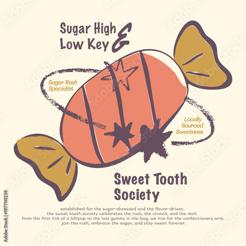 Hand Drawn Sweet Candy Sticker Design with Stipple Effect, Sugar High Low Key and Sweet Tooth Society Quote, Vintage Retro Aesthetic Vector Illustration for T-shirt, Poster and Digital Art.