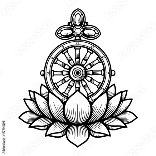 Dharmachakra wheel of dharma on blooming lotus flower in vintage woodcut engraving style