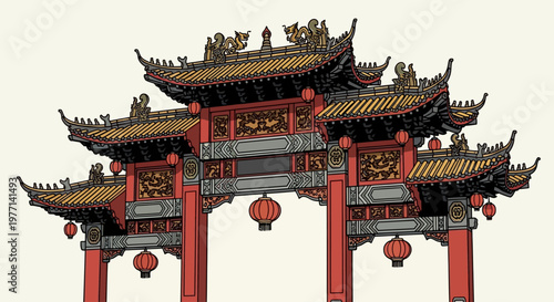 Traditional Chinese Archway Gate with Red Lanterns Illustration