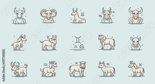 Collection of zodiac animal illustrations with astrology symbols.