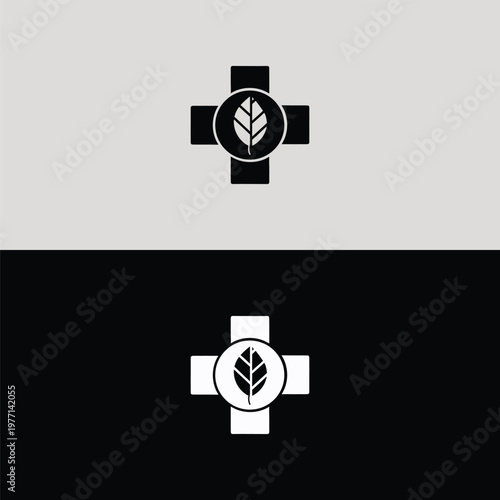 A stylized black medical cross logo with a single, prominent leaf enclosed in a circular frame on a split background.