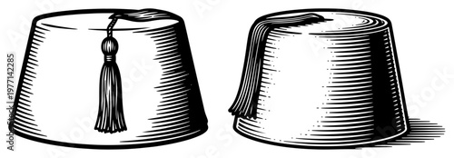 Quadro su tela Traditional ottoman fez hats with tassels in vintage woodcut engraving style