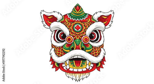 Colorful Chinese lion dance mask with intricate patterns