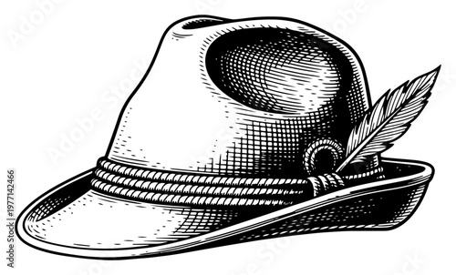 Photos Traditional alpine tyrolean hat with feather and rope band in detailed vintage e