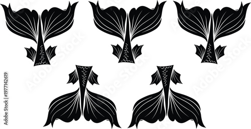 Fish tail vector, black and white illustration, symmetrical aquatic design, stylized fin artwork, decorative marine motif, ocean-themed composition