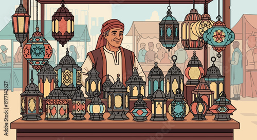 Friendly merchant selling traditional Arabic lanterns at a festive Ramadan market.
