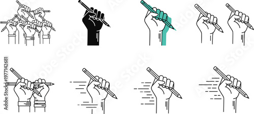 Hand holding pen icon set with writing gesture symbols protest fist and sketch outline styles isolated on white background