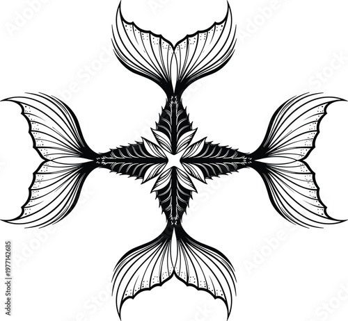 Fish tail vector, symmetrical black and white illustration, radial marine design, aquatic pattern, decorative sea artwork, stylized ocean composition