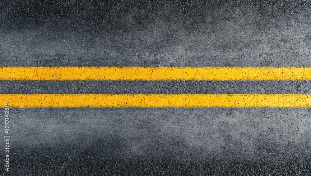 Fototapeta premium Aerial view of fresh asphalt with two parallel yellow road lines