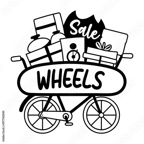 A glyph sticker featuring a bicycle overflowing with items depicting wheels sale