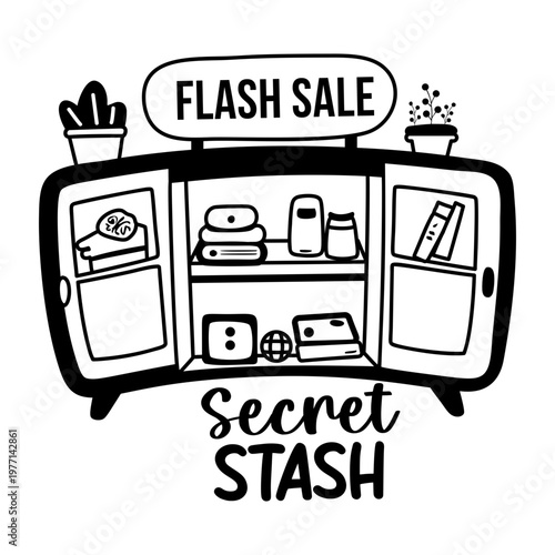 A glyph sticker featuring a cabinet filled with various items