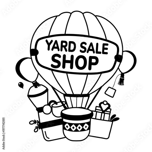 A glyph sticker featuring a hot air balloon with yard sale shop typography

