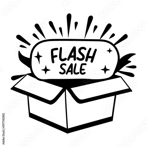 A glyph sticker featuring an open box with flash sale typography 

