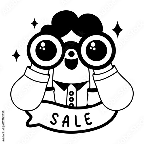 A glyph sticker featuring a cute character looking through binoculars with sale typography 