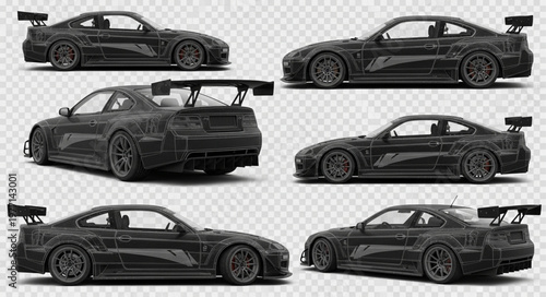 Collection of six black sports cars with large spoilers.