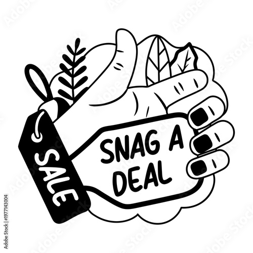 A glyph sticker featuring a hand holding a tag with snag a deal typography 