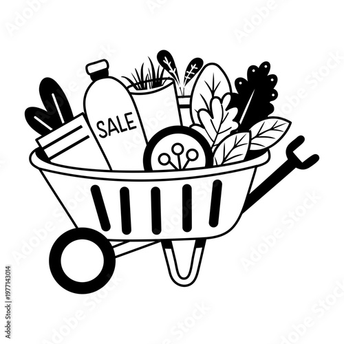 A glyph sticker featuring a wheelbarrow filled with plants and gardening supplies, perfect for a garden sale

