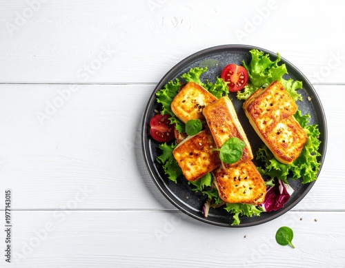 Pan-seared cheese squares with greens and tomatoes