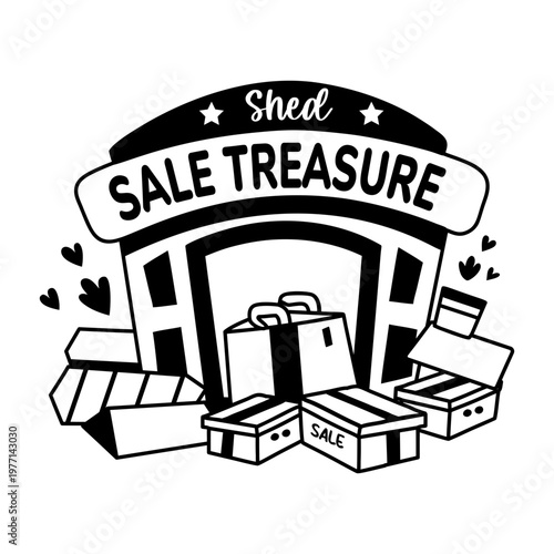 A glyph sticker featuring a shed filled with boxes depicting sale treasure 