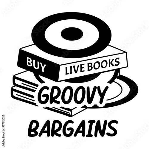 A glyph sticker featuring a stack of vinyl records and books with groovy bargains typography