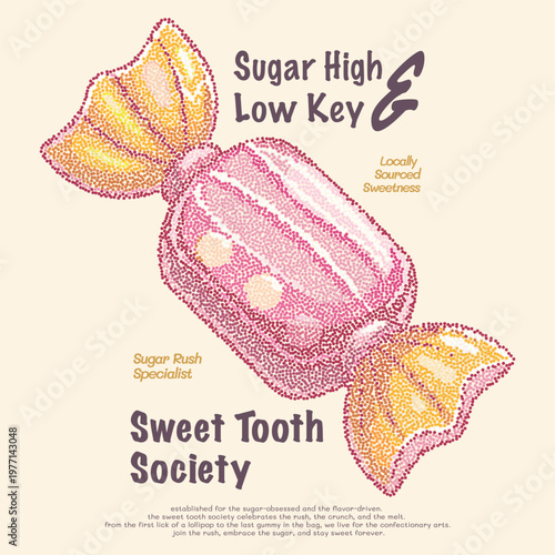 Sweet Tooth Society Retro Candy Illustration, Large Wrapped Sweets Vector with Detailed Stipple Texture, Vintage Sugar High Low Key Typography, Hand Drawn Pointillism Art for T-shirt and Merch.