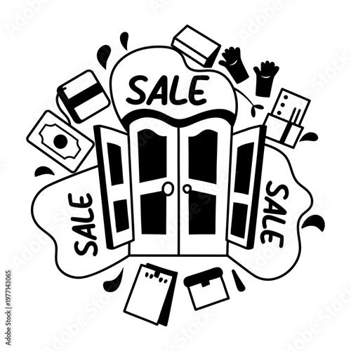 Glyph sticker featuring an open door with various items surrounding it, perfect for doorway deals 