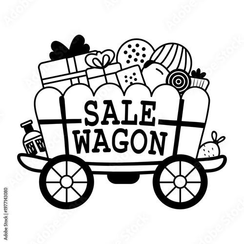 A glyph sticker featuring a sale wagon filled with various items

