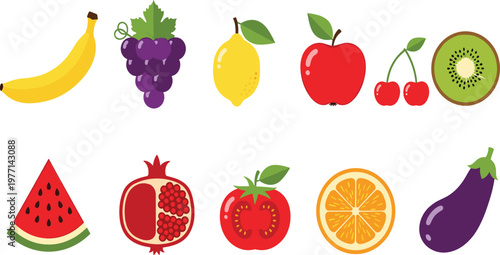 Colorful Fruit Vector Illustration Set with Banana, Grapes, Apple, Kiwi, Watermelon, Orange, Eggplant, and More for Healthy Food and Nutrition Design Projects.