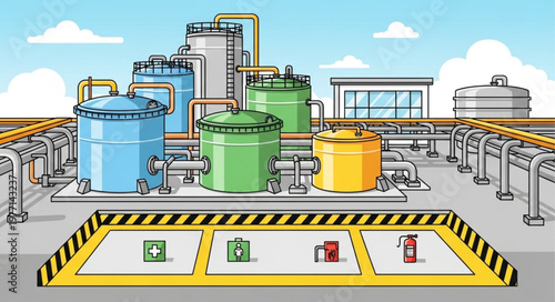 Industrial chemical storage tanks and pipelines at a factory.