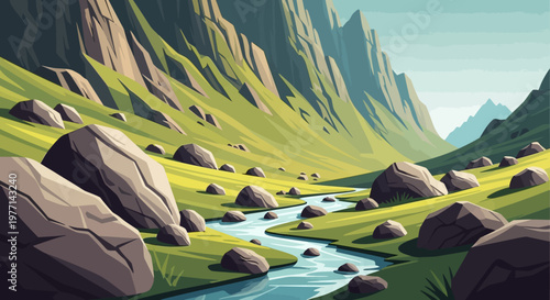 Serene Mountain Stream Flowing Through a Lush Green Valley with Scattered Boulders