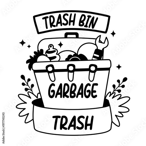 A glyph sticker of a trash bin filled with garbage