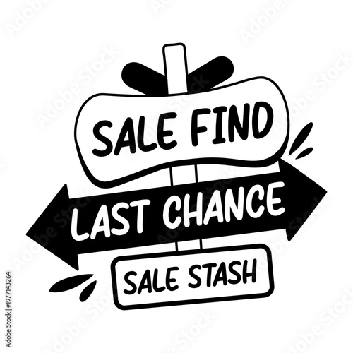 A glyph sticker of a signpost with sale find typography 