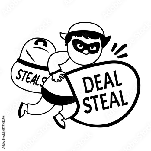 A glyph sticker of a cartoon thief running away with a bag of stolen goods with deal stealer typography