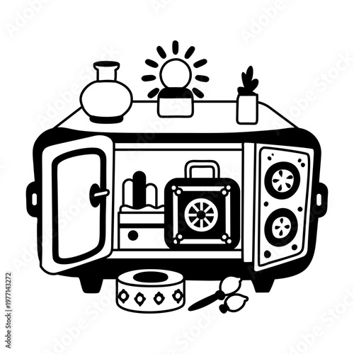 A glyph sticker of an open cupboard filled with various hidden treasures