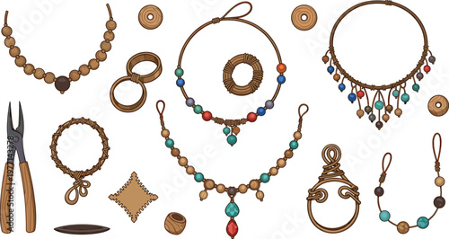 Handcrafted boho jewelry vector set with wooden beads necklaces bracelets earrings and artisan accessories illustration isolated on white background