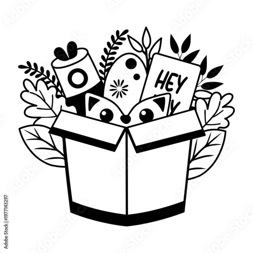 A glyph sticker of a surprise box filled with autumnal items and a cute cat peeking out