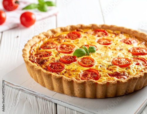 Baked quiche with tomato topping on a wooden board
