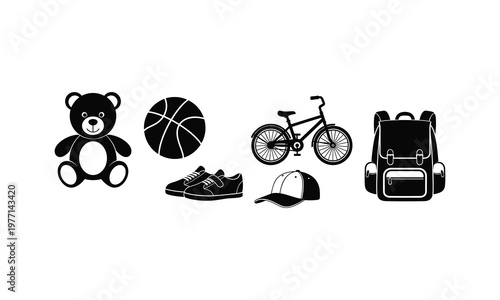 Childhood toys and sports equipment vector silhouette illustration teddy bear bicycle.